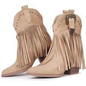 Hawkwell Women Khaki Fringe Cowgirl Snip Toe Pull On Dress Western Ankle Booties